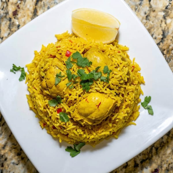 Yellow chicken biryani with cilantro and a lemon wedge on a white plate.