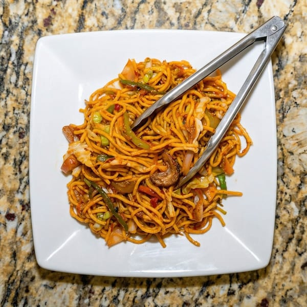 Overhead view of a white square plate filled with orange noodles and vegetables, with tongs.